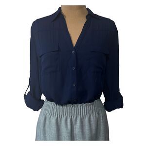 New York and Co. Navy Roll Tab Sleeve Blouse Size XL